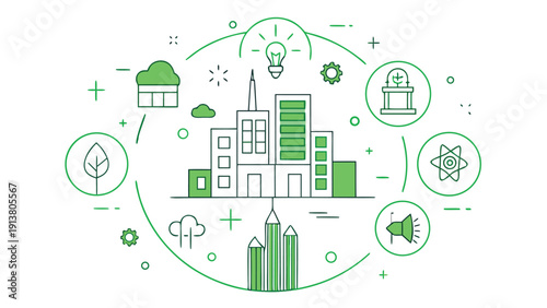 Smart Green City with Renewable Energy Elements – Sustainable Vector Illustration
