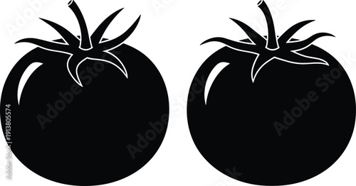 Black silhouette vector set of fresh garden tomatoes featuring a whole round fruit with stem and leaves, organic food icons,
