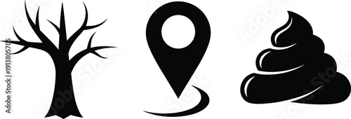 Black silhouette vector set featuring a bare winter tree, map location pointer icon, and a simple spiral swirl symbol icon,