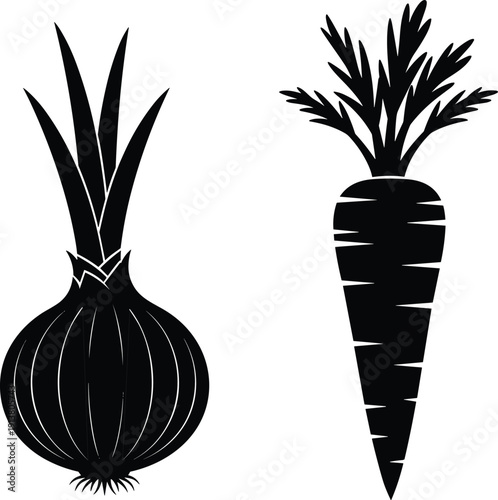 Black silhouette vector set of fresh garden vegetables featuring a whole onion bulb and a carrot with leaves, organic food,