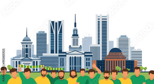 Diverse Group of People in Cityscape Scene.