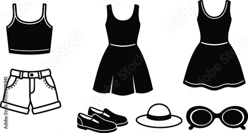Flat design vector silhouette summer clothing set front with crop top denim shorts two dresses sun hat sunglasses and loafers