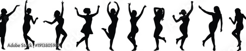 Black silhouette vector set of elegant women dancing in various expressive poses isolated on white background for party celebration and lifestyle