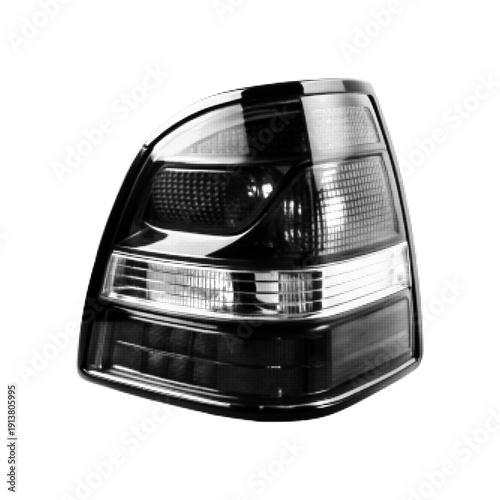 Black and white halftone illustration of car taillight isolated on white background. Automotive detail, rear lamp, brake light and vehicle safety concept in retro style.