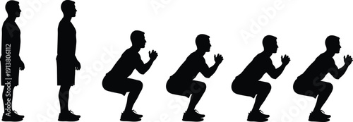 Black silhouette vector set of man performing squat exercise steps isolated on white background for fitness training workout and bodybuilding