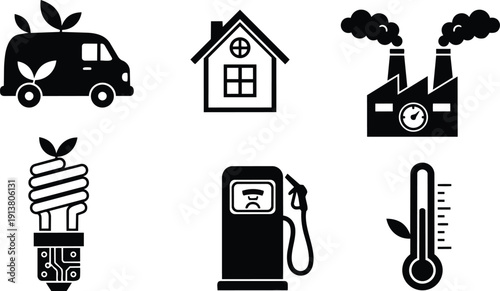 Flat design six eco icons showing electric van house factory energy saving bulb fuel pump and thermometer on white background