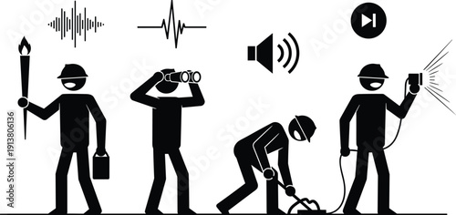 Maintenance workers and technician stick figures set, inspection survey equipment icons, sound waves and light signals symbols, professional industrial repair vector.