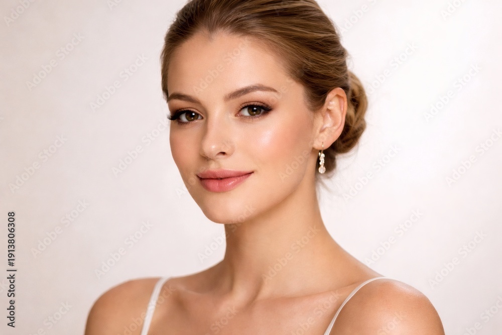 Fototapeta premium Portrait of a young woman with natural makeup, clean skin, and neutral background, suitable for beauty, skincare, and cosmetic concepts.