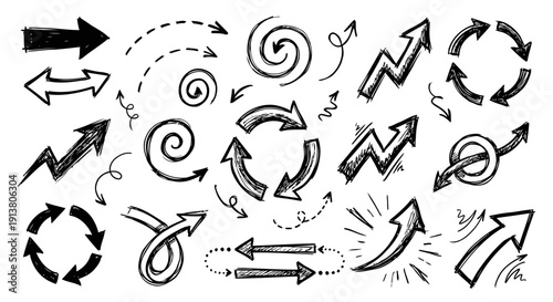 A collection of hand drawn doodle arrows pointing in various directions illustrating movement and change
