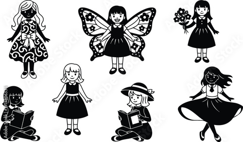 Flat design close up girl characters collection eight children in various poses reading holding flowers butterfly wings smiling playful whimsical