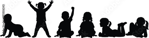 Black silhouette collection of babies and toddlers crawling, sitting, lying down, and standing with raised arms isolated on white background.