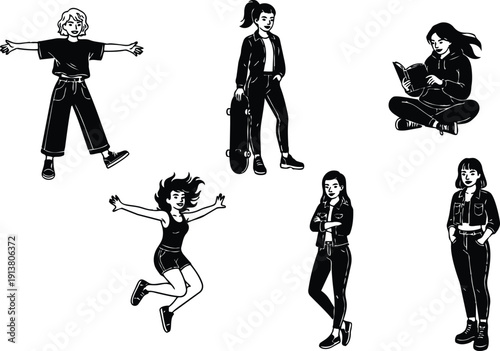 Minimalist line art six young women in varied poses with skateboard book jumping standing crossing arms casual playful mood