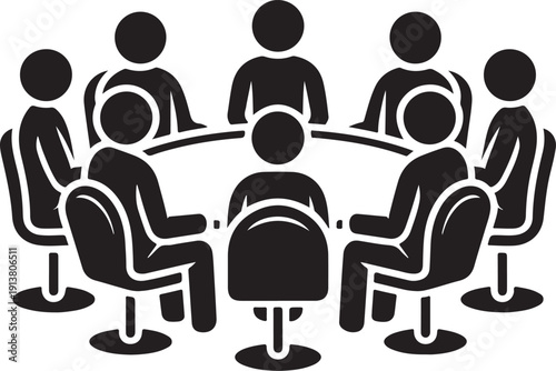 Business meeting illustration showing people sitting around a round table in professional environment