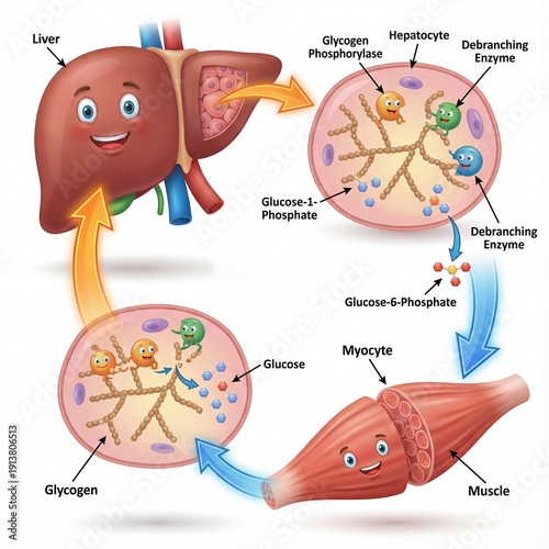 Simplified Glycogen Metabolism Pathway Showing Glucose Storage and Energy Release in Liver and Muscle Organs with Enzymes