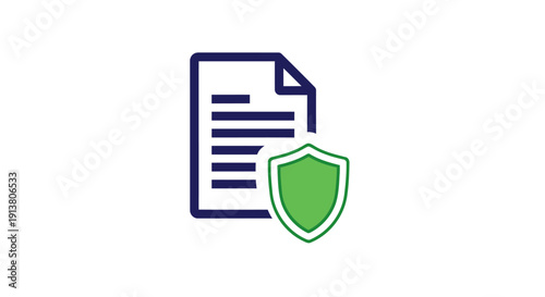 Data Privacy Document and Glowing Shield Vector Icon, Flat Navy Blue and Green Minimalist Design for GDPR Compliance and Security