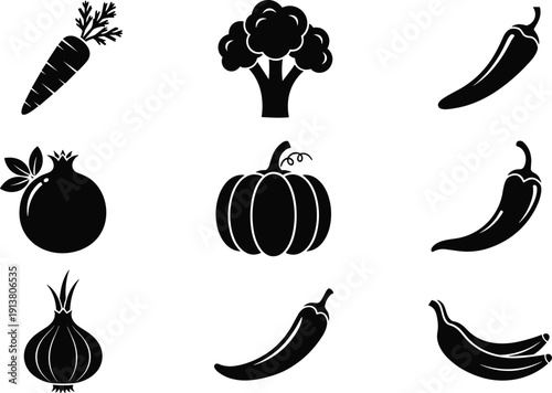 Black silhouette vector set of fresh vegetable and fruit icons including carrot broccoli chili pumpkin and banana for healthy food