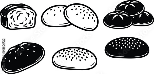 Line art close up assorted bread buns rolls loaf three quarter view monochrome vector icons bold outline composition bakery set