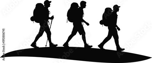 Three hikers trekking silhouette vector, group walking with backpacks on mountain trail, outdoor adventure, tourism travel, wilderness exploration hiking trip.