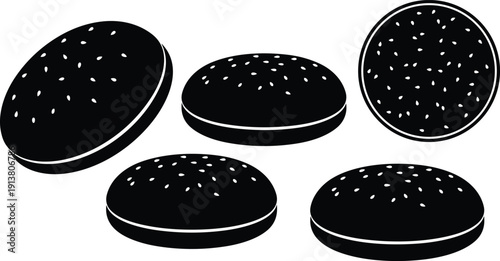 Flat design assorted sesame burger bun top and side views isolated on white background simple high contrast kitchen graphic vector
