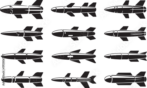 Collection of various rocket missiles silhouettes on transparent background