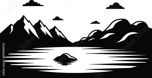 Minimalist vector silhouette mountain lake landscape with snow peaks small island calm reflective black and white high contrast panoramic view
