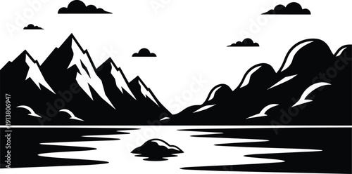 Flat design black and white mountain range and lake landscape vector with low angle view distant peaks calm water reflection