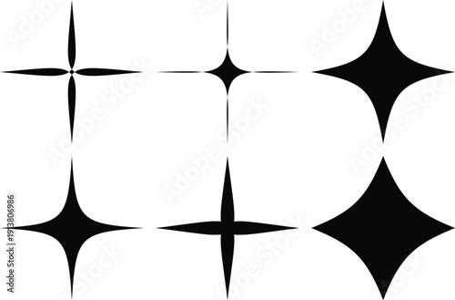 "Sparkle Star Shape Set, Four Point Cross Icons, Diamond Twinkle Symbols, Glimmer Shine Marks, Magic Flash Elements, Celestial Burst Signs, Light Reflection Pictograms"