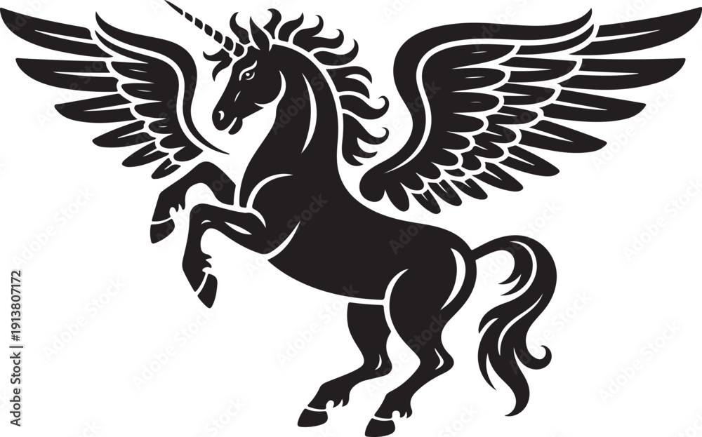 Fototapeta premium Winged unicorn pegasus silhouette, mythical creature rearing up with spread wings, black on transparent background