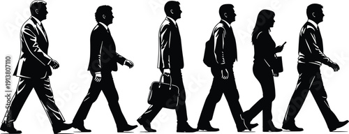Black silhouette vector set of business people walking, featuring professional men and women in suits carrying briefcases and using smartphones,