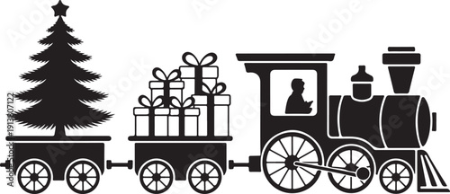 Retro steam engine train silhouette hauling christmas tree and wrapped gift boxes for holiday season