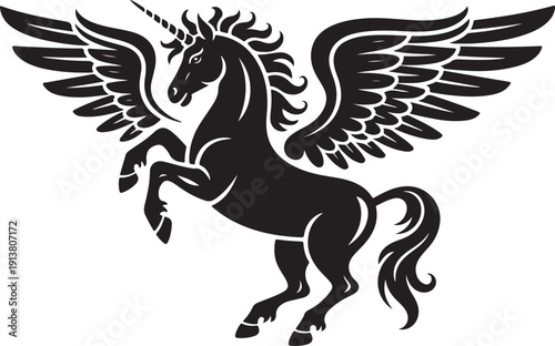 Winged unicorn pegasus silhouette, mythical creature rearing up with spread wings, black on transparent background