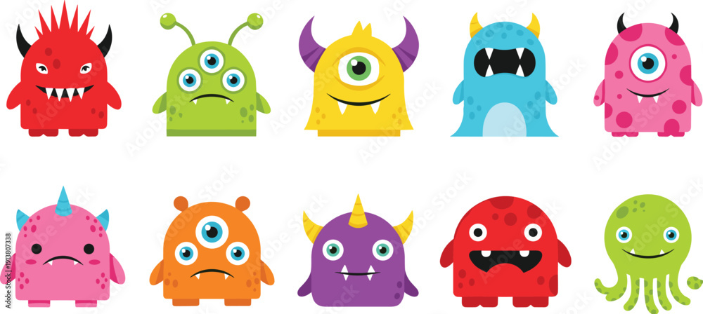 Obraz premium Cute cartoon little monster collection featuring colorful funny alien characters with horns and multiple eyes isolated on white background for kids.