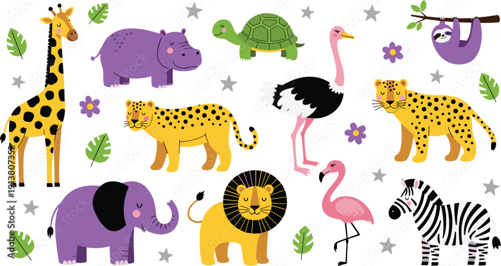 Naklejka premium Cute cartoon african safari animal collection featuring giraffe, hippo, elephant, lion, zebra, leopard, ostrich, flamingo, and sloth characters isolated on white.