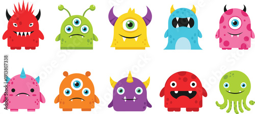 Cute cartoon little monster collection featuring colorful funny alien characters with horns and multiple eyes isolated on white background for kids.