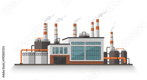 Industrial factory with smoking chimneys and pipelines.