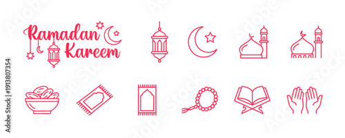 2026 Ramadan Kareem line icon set png islamic lantern crescent mosque prayer outline vector design