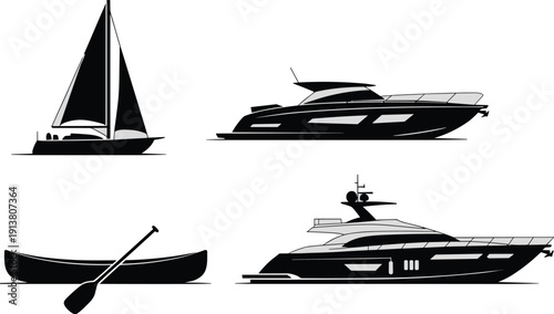 Collection of Sailboat, Yacht and Canoe Silhouettes Isolated on White Background, Modern Luxury Marine Transport Vector Illustration Set for Nautical Design and Branding Use