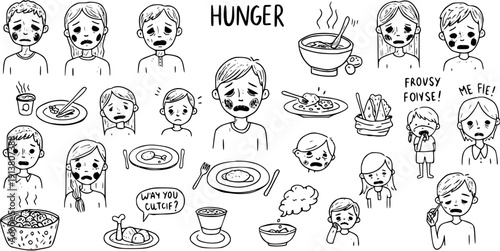 Vector illustration of sad hungry children, empty plates, and the word 'HUNGER' symbolizing global food insecurity and poverty.
