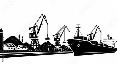 Industrial harbor with cargo ship and cranes.