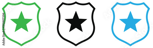 Black and white minimalist icon of a shield with a star at its center  .Black shield with star icon isolated on transparent background vector graphic .