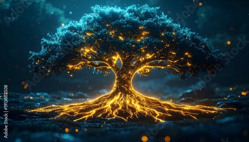 Mystical Tree of Life with Glowing Roots and Branches.