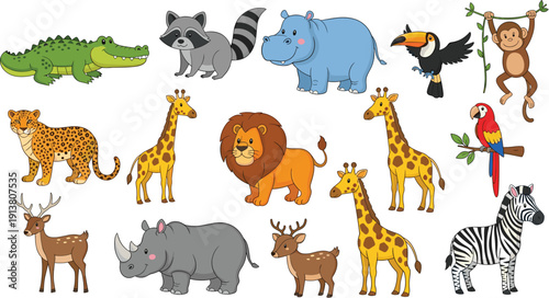 Large collection of cute cartoon african safari and jungle animals including lion giraffe zebra crocodile hippo leopard monkey and rhino isolated on white.