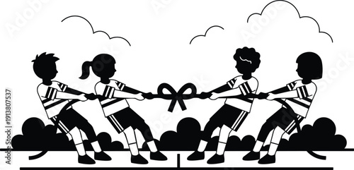 Minimalist silhouette side view children tug of war teams pulling rope at playground competition balanced composition summer outdoor friendly energetic