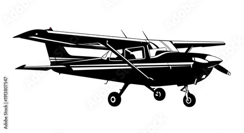 Black and white illustration of a small airplane with landing gear down.