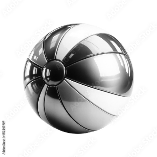 Black and white halftone illustration of inflatable beach ball isolated on white background. Summer vacation, fun, leisure and recreation concept in retro style.