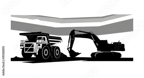 Heavy machinery excavator and dump truck in mining operation.