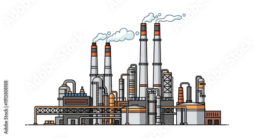Industrial Factory with Smoke Stacks Emitting Steam.