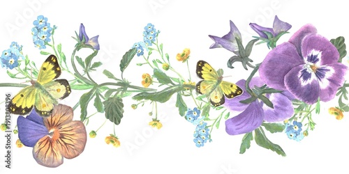 Beautiful horizontal seamless border with blue, maroon, orange pansies and butterfly hand painted in watercolor on isolated background, simple clip art spring botanical illustration for design