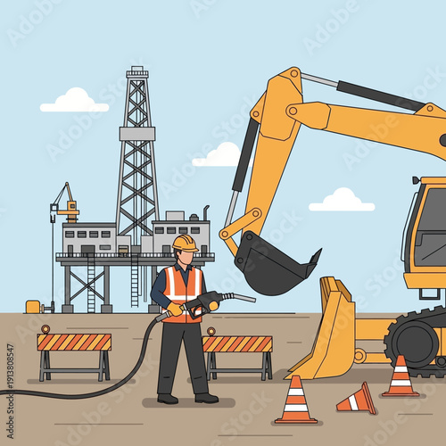 Construction worker refueling heavy machinery at an oil rig site.