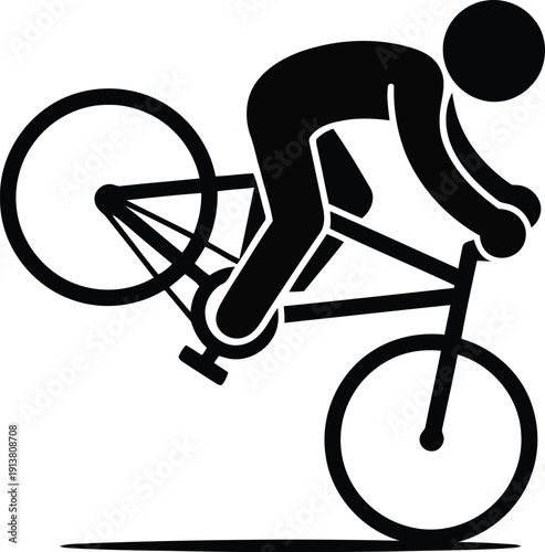 A black silhouette of a person performs a tricky bicycle wheelie on a clean white surface